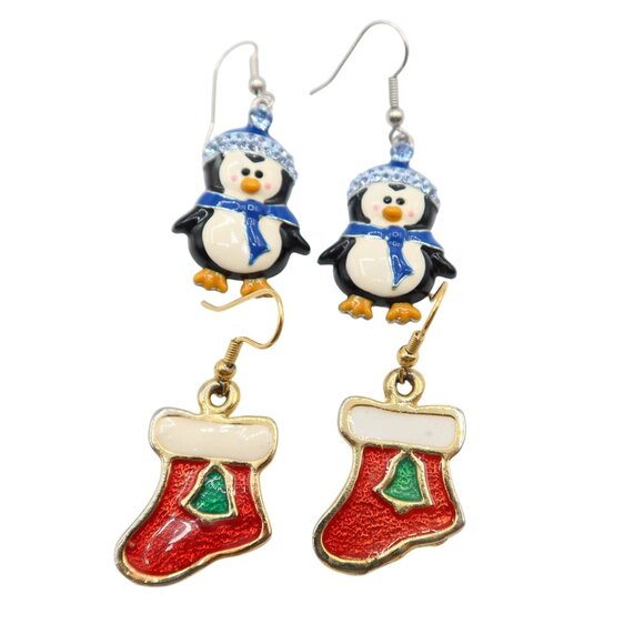 Enamel Stocking Penguin Christmas Theme Earrings Set Of 2 Winter Holiday Festive - Picture 1 of 6